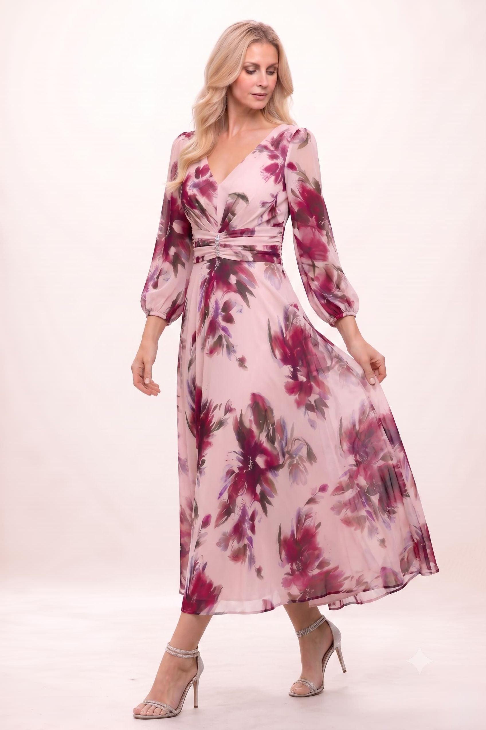 A-Line Ankle Length Printed Chiffon Mother of the Bride Dress CM0451 - Pink - COCOMELODY